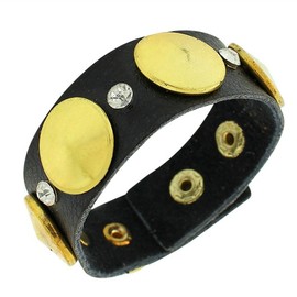 My Daily Styles Faux Black Leather Yellow Gold-Tone White CZ Wristband Wrap Bracelet