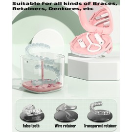 MURRI&MURRDI MURRI&MURRDI Retainer Case, Denture Bath Box with Strainer Basket, Mouth Guard Case, Braces Cleaner Cup, Cute Denture Holder Storage Soak Container for Travel Cleaning (A Pink)