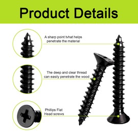 #4 Small Screws Set, Wood Screws Assortment Kit, 500pcs Tiny Phillips Flat Head Self-Tapping Screws, Black Wood Screws, Cabinet Hinge Screws, Carbon Steel, Contains 50pcs M6 Screw Anchors