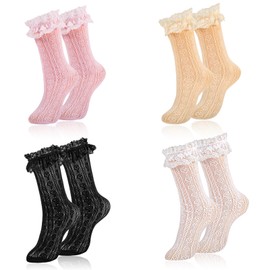 AGDGV 4 Pairs Women's Lace Ankle Socks - Cute Ruffle Frilly with Mesh Trim, Princess Lolita Dress Accessories, Breathable Soft Socks for Women Girls(Free Size)