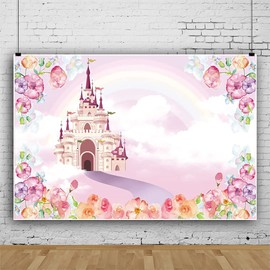 Renaiss 2.2 x 1.5 m Pink Castle Background Flowers Rainbow Cloud Fairy Tale Photography Background Baby Shower Princess Kids Girls 1st Birthday Party Decor Banner Photo Booth Studio Props