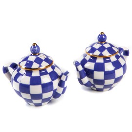 MACKENZIE-CHILDS Teapot Salt and Pepper Shaker Set, Ceramic Salt and Pepper Holders, Blue-and-White Royal Check