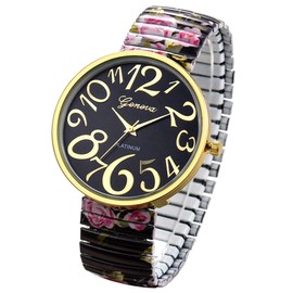 JewelryWe Women's Big Dial Easy Reader Watch Floral Elastic Stretch Band Wristwatch, for Xmas Christmas