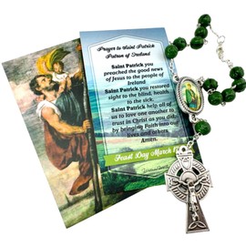 Westmon Works Irish Auto Rosary St Patrick Patron Saint of Ireland and St Christopher Italian Metal Car Rearview Mirror Charm with Two Holy Cards