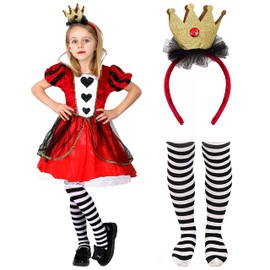 Girls Heart Queen Costume - Small - Red Dress with Heart Detailing, Gold Crown on Headband and Striped Tights - Kids World Book Day Book Week Fancy Dress Costume