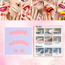 Rchovsam French Tip Press on Nails Short Round Nails Press Ons Pink Glossy Design Fake Nails Arificial Gel False Nails Kit for Womens 24pcs