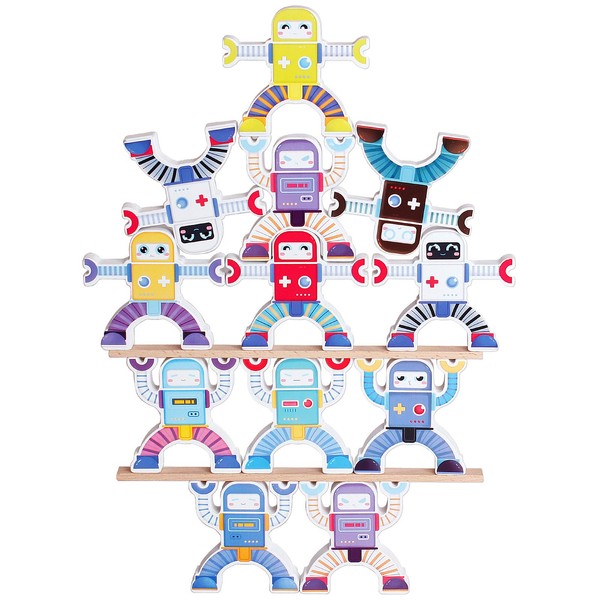CHIYR Wooden Robots Stacking Balancing Block Puzzle Game Building Toy Educational STEM Montessori for Preschool Kids Toddlers Sorting Skill Developing Intelligence Play Kits