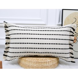 DRNOU Decorative Farmhouse Fringed Long Lumbar Throw Pillow Cover 12 x 24,Clasic Striped Textured Cotton Boho Decor Long Lumbar Pillow Cover Pillow Case for Sofa Couch Bed,Black and Off White