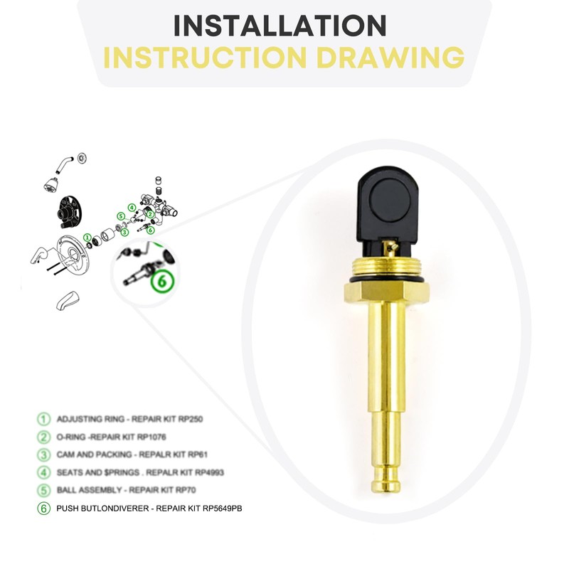 Tesidol RP5649PB Faucet Push Button Diverter Assembly,Polished Brass,Compatible with 1H