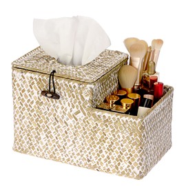 Sumnacon Tissue Box Cover Square Tissue Box Woven Seagrass Tissue Box Holder with Side Organizer, Rustic Tissue Holder for Living Room Bathroom Bedroom Kitchen Office Table Desk, White