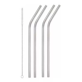 Veraly 4 Popote Acero Inoxidable Curvo Cepillo Full Plata