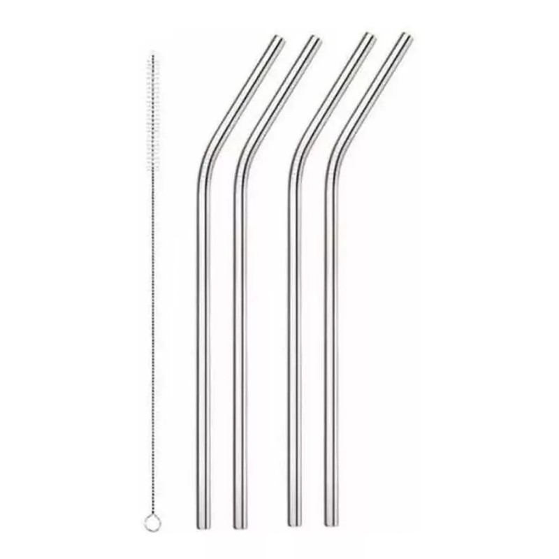 Veraly 4 Popote Acero Inoxidable Curvo Cepillo Full Plata