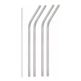 Veraly 4 Popote Acero Inoxidable Curvo Cepillo Full Plata