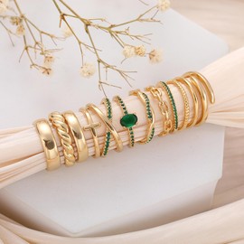 FAXHION 12 PCS Dainty 14K Gold Rings for Women, Eternity Open Chunky Twist Simulated Diamond Criss Cross Designs, Non Tarnish Gold Plated Stacking Thumb Ring, Perfect for Wedding Bands Size 5-11