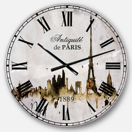 Designart Paris with Eiffel Silhouette Wall Art Design French Country Circle Wall Decorative Clock - Home Decorations for Home, Living Room, Bedroom, Office Decoration Round Metal Wall Clock