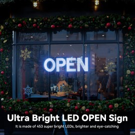 Thirdpolite 22"Lx7"H LED Open Sign for Business with 10 Dimming Levels, 3 Modes & Adjustable Chain - Ultra Bright Storefront Signs for Window Glass Door Shop Retail Restaurant Salon (Cold White)