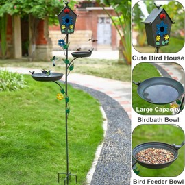 Metal Bird Bath Feeder and Bird House on Pole, 69.5" H Free Standing Bird Houses, Tall Cast Iron Bird Baths with 5-Prong Stake, Stylish Birdhouse with Birdbath Bowl for Outdoors Garden Yard Decor