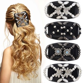 Pack of 4 Elastic Pearl Hair Combs, Hair Comb for Cliping, Hair Comb Elastic Beads, Comb Double Clips for Women Girls Hair Accessories, Hair Clips Stretchy Comb Double Clips