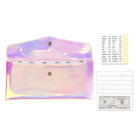 Cash Envelope Wallet, Clear Budget Wallet 6pcs Money Divider with Pockets and 2pcs Label Stickers Set for Bill Receipt Cash Organizer Holder System (Rainbow)