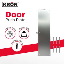KRON - Door Push Plate, 4” x 16” Metal Plate with Screws for Wood or Metal Doors, Door Protection with Pre-Drilled Holes and Commercial Grade Screws - Clear Anodized Aluminum