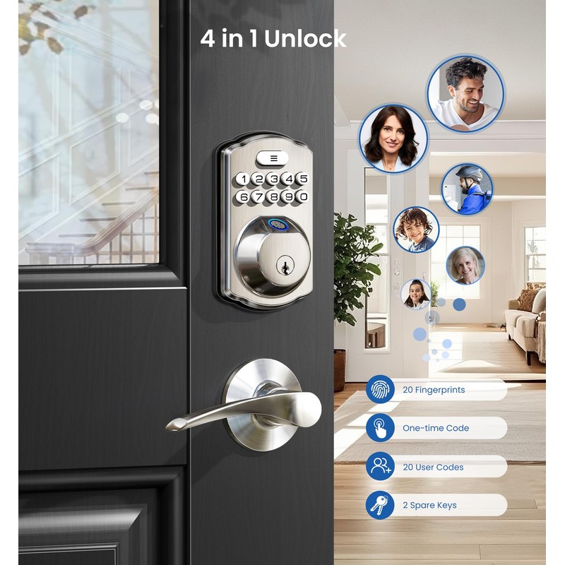 Veise Fingerprint Door Lock, Keyless Entry, Auto Lock, Electronic Keypad