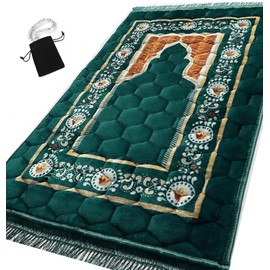 Prayer Rug Muslim Mat Islamic - Padded very Thick Prayer Rug Sajadah for Men Women with Islam Prayer Beads for Eid Travel Ramadan, Soft and Luxury (Green Dl)