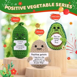 Gifts for Women Men Positive Potato Pickle: 3Pcs Funny Crochet Dolls Christmas Stocking Stuffers Friends Coworkers Roommates College Students Sister with Cheer Up Cards (Potato,Pickle,Avocado)