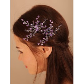 Deniferymakeup 2PCS Boho Green Emerald Crystal Hair Pins Wedding Bridal Silver Hair Piece Set for Women and Girls (Purple)