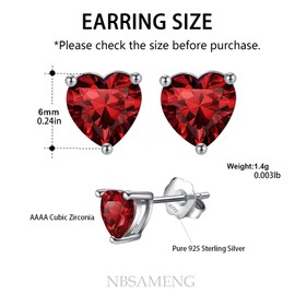 Nbsameng S925 Sterling Silver Cut Cubic Zirconia Heart Stud Earrings for Women，Birthday Stone CZ Studs Ear Piercing Earrings Hypoallergenic Jewelry Gifts 6MM (Jan-Deep Red)