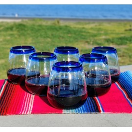 Dos Sueños Hand Blown Mexican Stemless Wine Glasses - Set of 6 Glasses with Cobalt Blue Rims (15 oz)