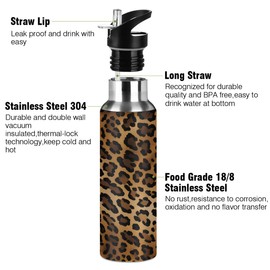 Peaom Retro Animal Leopard Print Water Bottle 20 oz Insulated Water Bottles with Straw Leakproof Vacuum Thermal Stainless Steel Water Bottle for Kids Adults