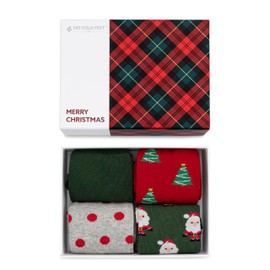 No Cold Feet Fun Cute Christmas Gift Box Set, Novelty Dress Socks for Men for Xmas, Holiday, 4Pack with Santa, Christmas Trees, Solid Forest Green, Grey Socks with Red Polka Dots