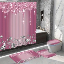 Glitter Diamond Pattern Shower Curtain Set without Shower Curtain Rod, 4 Counts/set Bathroom Curtain with Rug & Toilet Seat & Hooks, Bathroom Decor Set - Color: Rose Gold, Specification: one-size