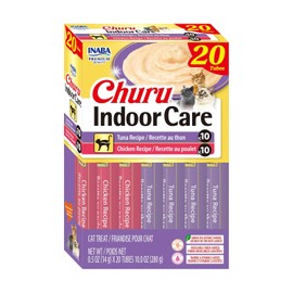 INABA Churu Indoor Care for Hairball Control, Functional Lickable Cat Treat with Taurine & Green Tea Extract, 0.5oz Each, 20 Tubes Total, Tuna & Chicken Variety