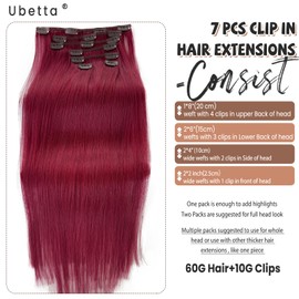 Clip in Hair Extensions Real Human Hair, Burgundy Hair Extension Real Human Hair Clip ins 12 Inch Double Weft Hair Extensions Human Hair Clip in Extensions 7pcs 70G Clip in Hair Extensions for Women