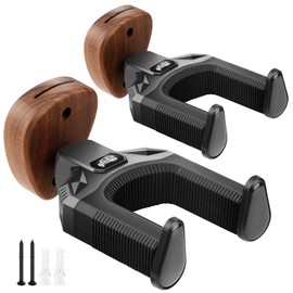gliship Guitar Wall Mounts, Black Walnut Wood Guitar Holder with Auto Lock Design 30 lbs High Load Capacity Guitar Wall Hook Adjustable Swivel Hook Guitar Hangers for Electric Bass Ukulele (2Pack)