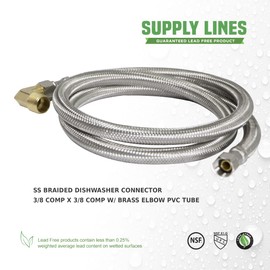 Highcraft Dishwasher Water Supply Line, Hose Connector Has 3/8 Inch 90 Degree Brass Elbow Fitting, Braided Stainless Steel 6 Ft