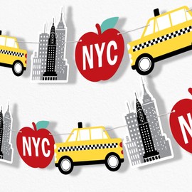 Big Dot of Happiness NYC Cityscape Garland Banner, New York City Party Decorations Banner, 30 Feet of Cord, 15 Double-Sided Big Apple, Taxi, Skyscraper