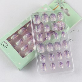 24 Pcs Gradient Purple Kids Press on Nails Pre-glue Children False Nails Short Oval Full Cover Artificial Fake Nails Holo Glitter Acrylic Nail Tips for Little Girls Gift
