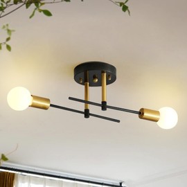 Qichksum Modern Sputnik Chandelier 2-Light Adjustable Ceiling Light Fixture Black Semi Flush Mount Ceiling Lamp with E26 Base Industrial Ceiling Light for Dining Room Bedroom Foyer Hallway Living Room