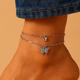 LIHELEI Silber Fußkettchen für Damen, Verstellbare Damen Fußkettchen Schmetterling Layered Fußkette, Fußkettchen Geschenke für Frauen Teenager Mädchen