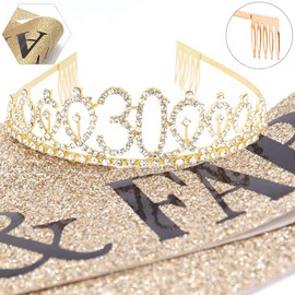 30th Birthday Sash, Gold Happy Birthday Girl Sash and Crown Set, Thirty Years Old Decorations for Women Birthday Supplies