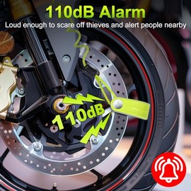 Motorcycle Brake Disc Lock with Alarm 110 dB, 7 mm Bolt, 1.5 m Reminder Cable, Robust Motorcycle Lock Made of Hardened Steel, Anti-Theft Device for Motorcycle, Scooter, E-Bike & Bicycle