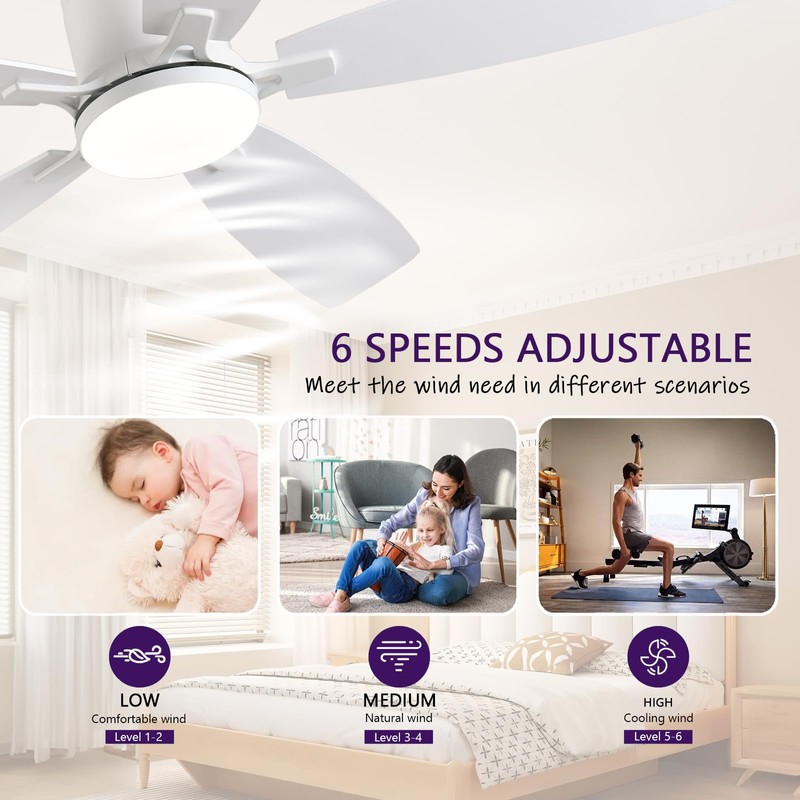 FUMLTP 52inch Flush Mount Ceiling Fans with Lights and Remote/APP