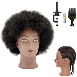 Afro Kinky Curly Mannequin Head 100% Real Human Hair,(10 inches) Black For Manual Braiding Styling Practice Hairdresser School Manikin Head Curling Doll Head Training Head- with Clamp Stand