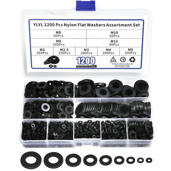 1200 Pcs Nylon Flat Washers for Screws Bolts, Black Plastic Washers, Premium Fender Washers Assortment Set, Assorted Washers Kit (9Sizes-M2 M2.5 M3 M4 M5 M6 M8 M10 M12) for Household & Commercial YLYL