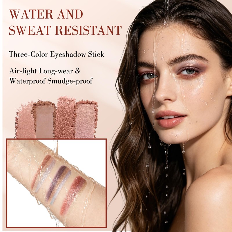 3-Color Gradient Eyeshadow Stick, Waterproof Cream-to-Powder Eye Shadow, Long-Lasting Blendable