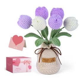 Hccgfy Hand-Crocheted Tulip Potted Plant with Premium Gift Box, Unique Hand-Crafted Gift for Home and Office Desk Decor, Perfect for Teachers, Moms, Friends, and You(Purple)