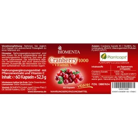 Cranberry 1000 + Vitamin C, High-Dosage and Vegan, 60 Cranberry Capsules
