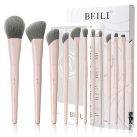 BEILI Set De Brochas De Maquillaje Rosa, 12 Brochas Veganas Para Base En Polvo, Corrector, Cejas, Sombras De Ojos, Contorno, Delineador Y Difuminador 
